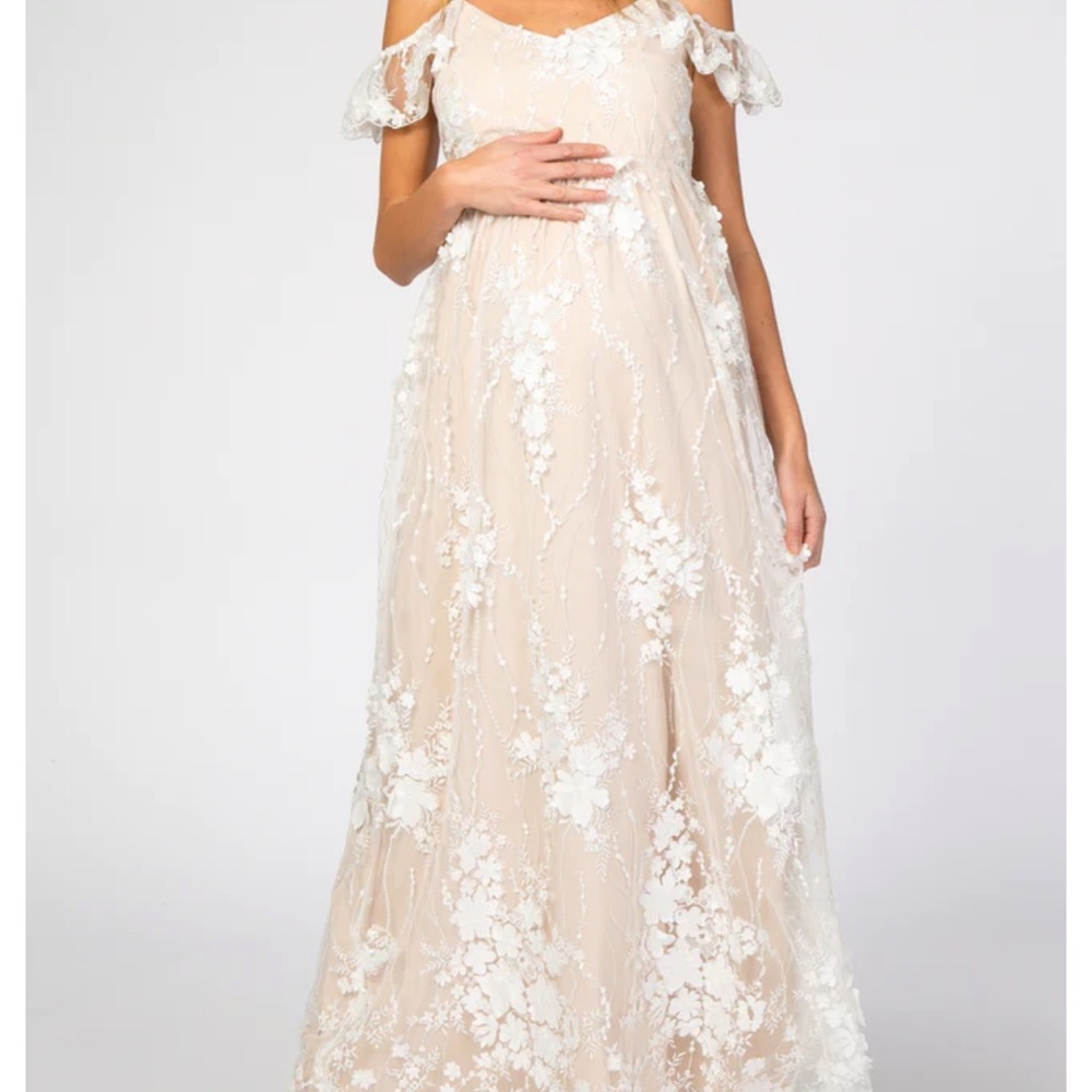 Ivory Floral Embroidered Mesh Maternity Evening Gown